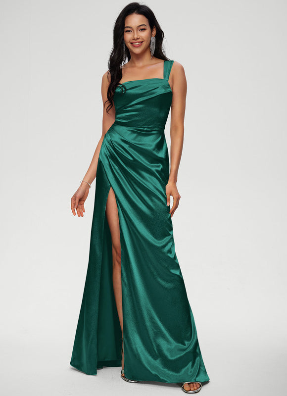 Robe Chic Verte Satinée Longue Ras Du Sol