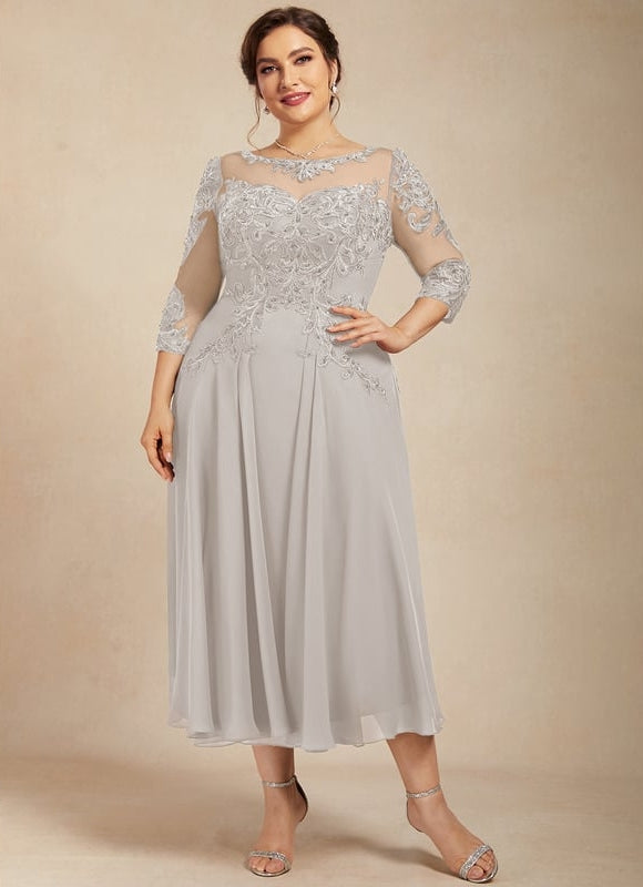 Robe Chic Gris Perlé Mousseline Dentelle - gallery 8