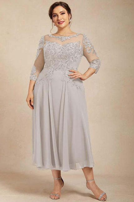 Robe Chic Gris Perlé Mousseline Dentelle - gallery 8