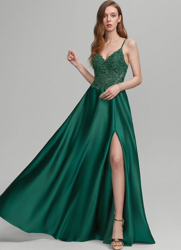 Robe Chic Vert Émeraude Satin Dentelle - gallery 3