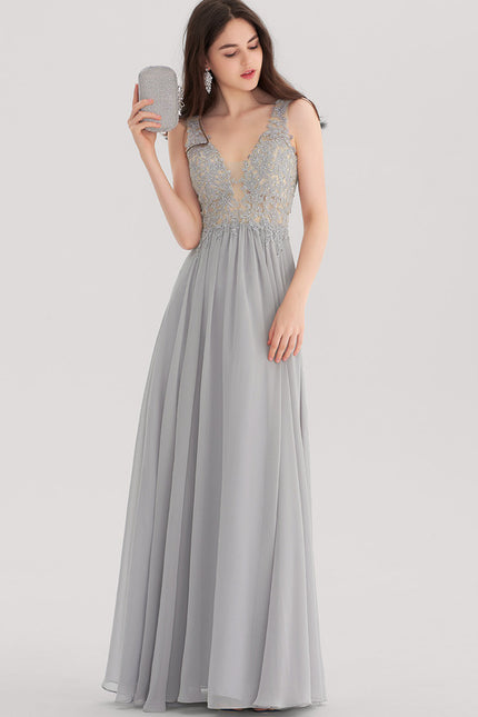 Robe Chic Gris Clair Mousseline Strass - gallery 1