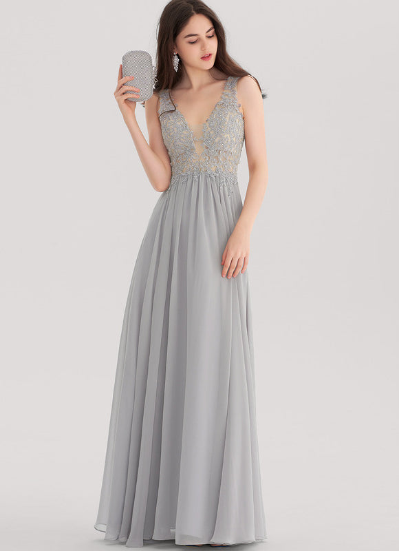 Robe Chic Gris Clair Mousseline Strass - gallery 1
